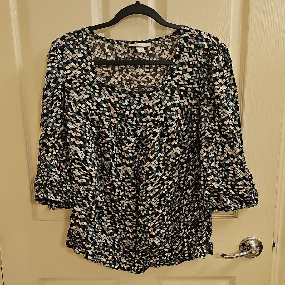 Dressbarn Black Blouse with Teal and White Abstract Dot Print